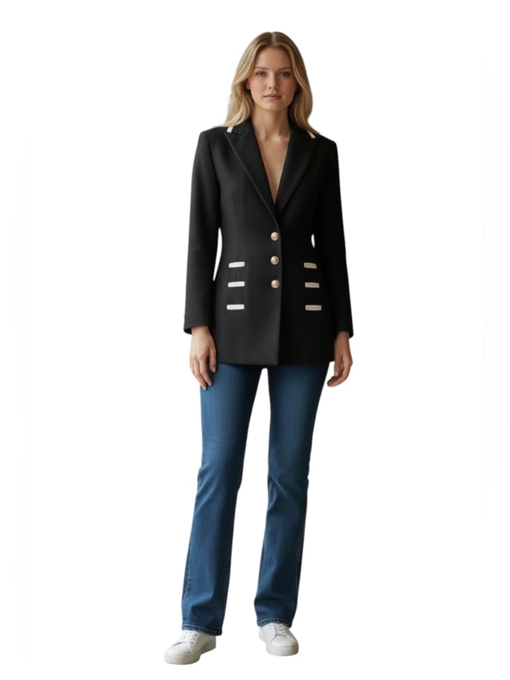 Structured Classic Black Blazer with White Trim and Gold Buttons - Small - Picture 2 of 14